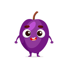 Funny cartoon plum. Kawaii fruit character. Vector food illustration isolated on white background
