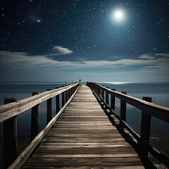 Fototapeta premium Moonlight pier with wooden walkway over water. 
