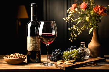 Bottle and glass of red wine on wooden table with grapes and nuts
