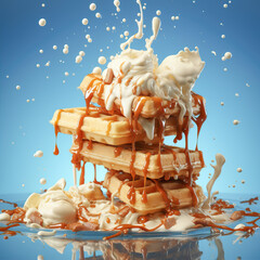 waffles poured with cream on a blue background. Generative AI.