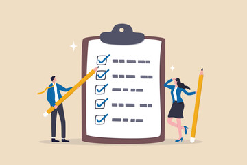Task checklist, clipboard with to do list checkmark, task management to track work completion, accomplishment, survey or questionnaire concept, business people with pencil and checklist clipboard.
