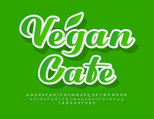 Vector green logo Vegan Cafe with decorative Leaf. Elegant handwritten Font. Bright sticker Alphabet Letters, Numbers and Symbols