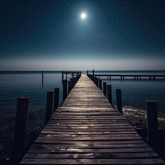 Moonlight pier with wooden walkway and stars. 