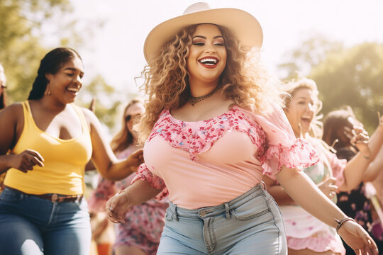 Fun-filled Line Dancing with Friends, Fit plus size woman, sport clothing, pastel shades Generative AI