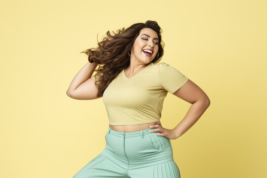 Happy and Playful Salsa Dance, Fit plus size woman, sport clothing, pastel shades Generative AI