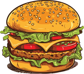 Hand drawn vector bread burger illustration with meatloaf tomato vegetarian dish, white background, delicious food for lunch and dinner, fast food
