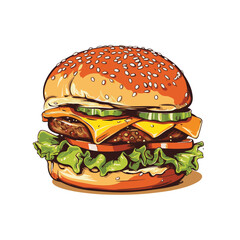 Hand drawn vector bread burger illustration with meatloaf tomato vegetarian dish, white background, delicious food for lunch and dinner, fast food