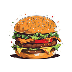 Hand drawn vector bread burger illustration with meatloaf tomato vegetarian dish, white background, delicious food for lunch and dinner, fast food