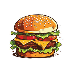 Hand drawn vector bread burger illustration with meatloaf tomato vegetarian dish, white background, delicious food for lunch and dinner, fast food