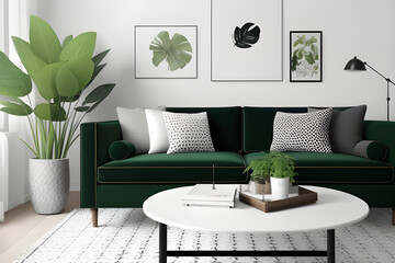 Stylish scandinavian living room interior with green velvet sofa, coffee table, carpet, plants, furniture, elegant accessories in modern home decor. Template.
