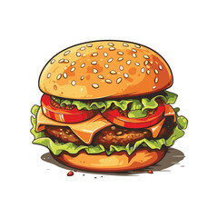 Hand drawn vector bread burger illustration with meatloaf tomato vegetarian dish, white background, delicious food for lunch and dinner, fast food