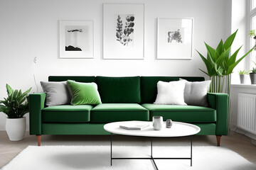 Stylish scandinavian living room interior with green velvet sofa, coffee table, carpet, plants, furniture, elegant accessories in modern home decor. 3d rendering.