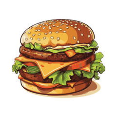 Hand drawn vector bread burger illustration with meatloaf tomato vegetarian dish, white background, delicious food for lunch and dinner, fast food