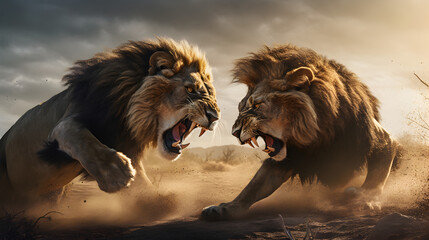 lions fighting  - obrazy, fototapety, plakaty
