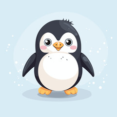 Penguin with big eyes sitting on blue background with snow flakes.
