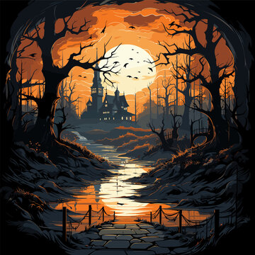 Painting of halloween scene with castle in the middle of the woods.