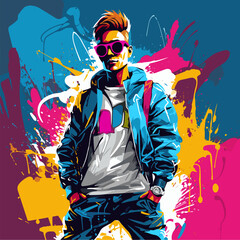 Man in blue jacket and sunglasses standing in front of colorful background.