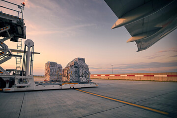 Preparation freight airplane before flight. Loading of cargo containers to plane at airport at...