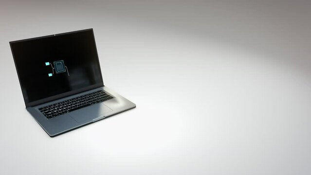 Laptop with file system browser on screen flips open. Animation 3D Render Background, File Storage, Cloud System