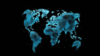 3d World map network connection glowing polygonal triangle neon lines on dark black background. World connection futuristic concept, website landing page template design. Generative AI - obrazy, fototapety, plakaty