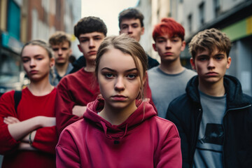 Fototapeta premium Group of teenagers standing still in protest sign with his schoolmates. Stop racism at school concept image. Generative AI.
