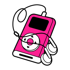 Vector flat retro illustration of 00s pink audio player with headset. Hand drawn sketch - obrazy, fototapety, plakaty