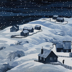 Fototapeta na wymiar A painting of the houses with snow falling down, in the style of minimalist illustrator
