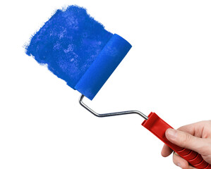 Hand painting using a blue roller brush, cut out