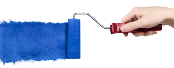 Hand painting using a blue roller brush, cut out