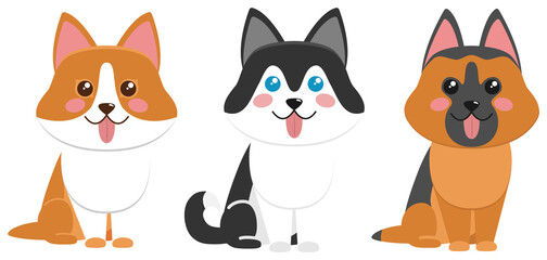 Cute dogs of the Husky, Corgie and German Shepherd breed. Illustration on transparent background
