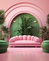 This bold and vibrant interior design of a pink couch and green stools in a room with a pink door and palm trees evokes a sense of beauty, warmth, and joy with its colorful furniture, houseplants, fl