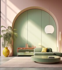 A bold and vibrant interior design featuring colorful furniture, a round coffee table, a green couch, houseplants, a vase, and an inviting door and window overlooking the room's floor creates an invi