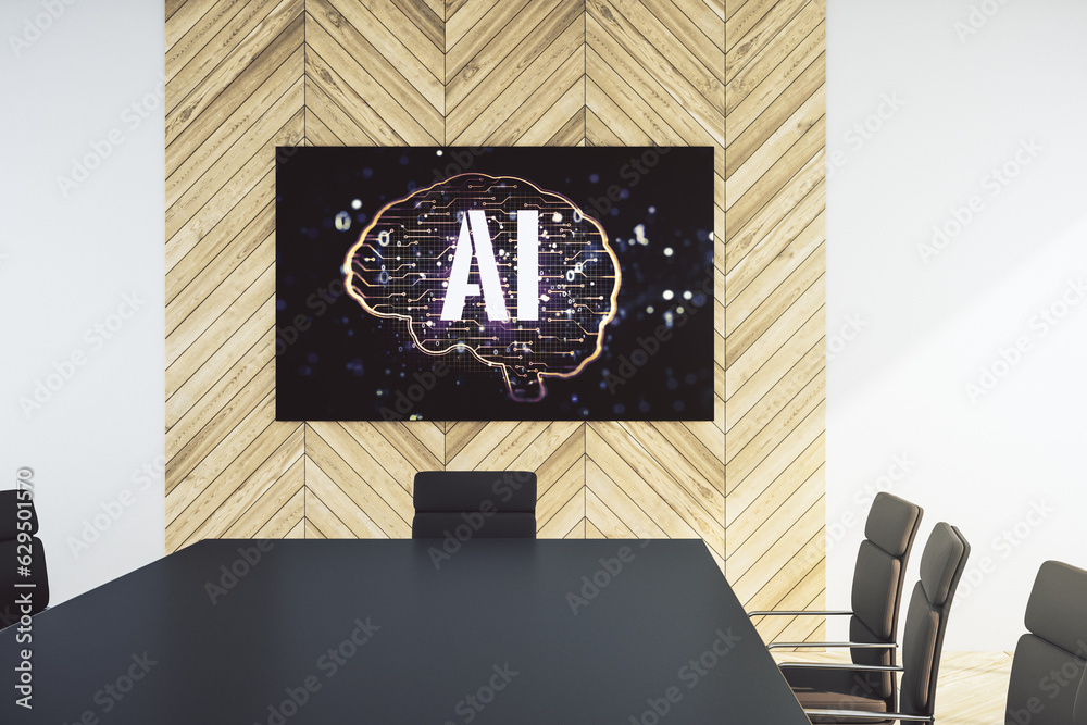 Aufkleber Creative artificial Intelligence concept with human brain sketch on tv display in a modern presentation room. 3D Rendering