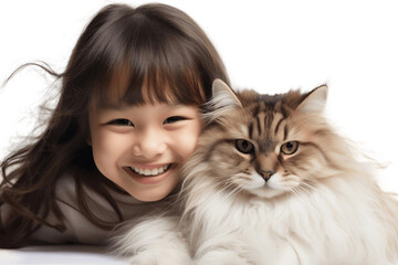 Happy Girl Kid and Pet Cat Face Shot Isolated on Transparent Background. AI