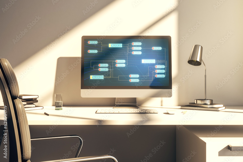 Aufkleber computer monitor with abstract creative programming illustration, big data and blockchain concept. 3
