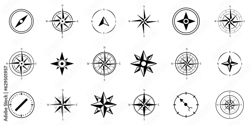 Poster black navigation compass icon collection. set of abstract compass icons