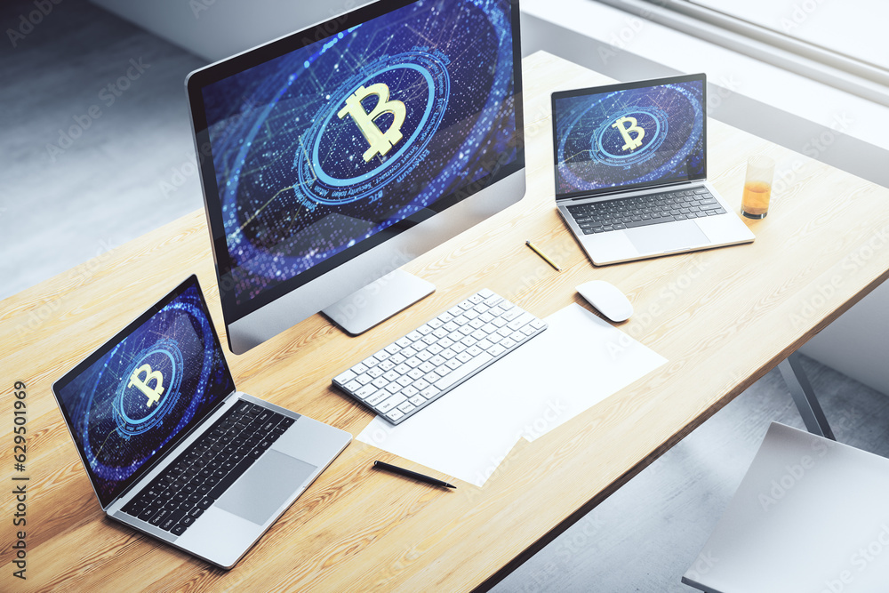 Poster creative bitcoin concept on modern laptop screen. 3d rendering
