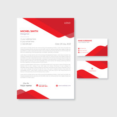 Naklejka na ściany i meble Modern red color letterhead and business card design vector template.