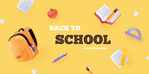 3d school stationery banner. Render flying colorful items of students equipment education tools backpack supplies for marketing sale academic knowledge back vector illustration