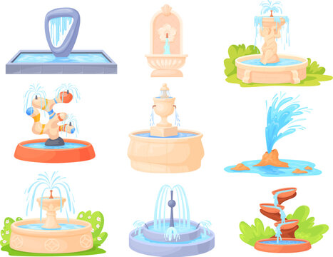 Cartoon fountains. Water fountain sculpture summer decoration for garden pool or architecture town park, statue with waterfall natural geyser fontanelle, neat vector illustration
