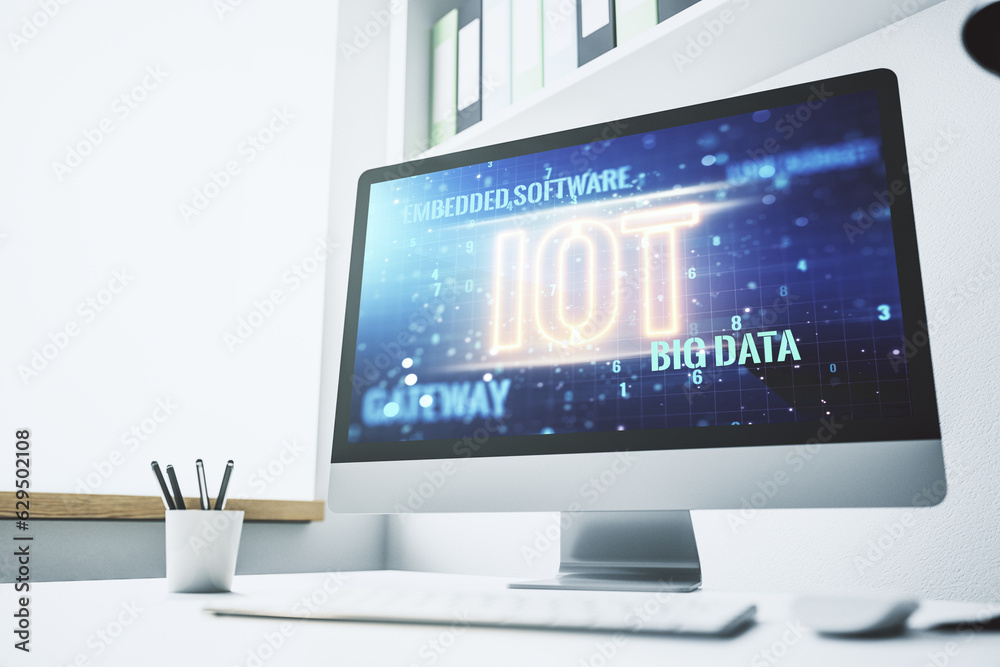 Poster creative iot hologram on modern laptop monitor, internet of things concept. 3d rendering
