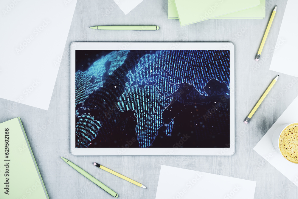 Poster Abstract creative world map on modern digital tablet monitor, tourism and traveling concept. Top view. 3D Rendering