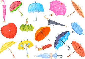 Cartoon sunshades. Colorful umbrellas, fashion parasols for sun or rain weather seasons, uncover and folded umbrella funny kid parasol with cute flowers, neat vector illustration - obrazy, fototapety, plakaty