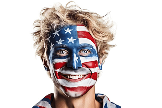 Happy American Model with Face Paint and American Flag on Transparent Background. AI