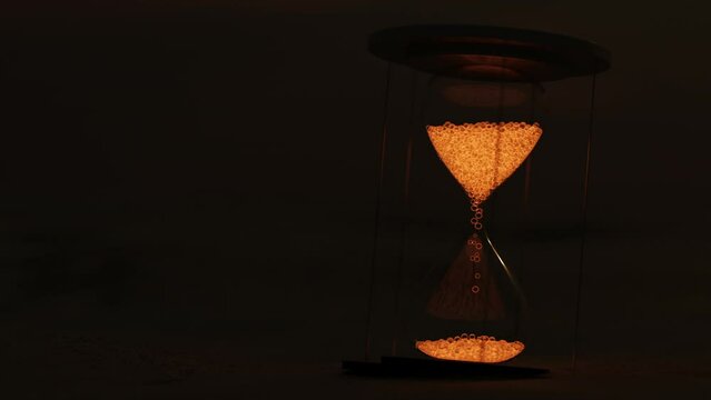 Glowing hourglass flows in the desert. 3d animation