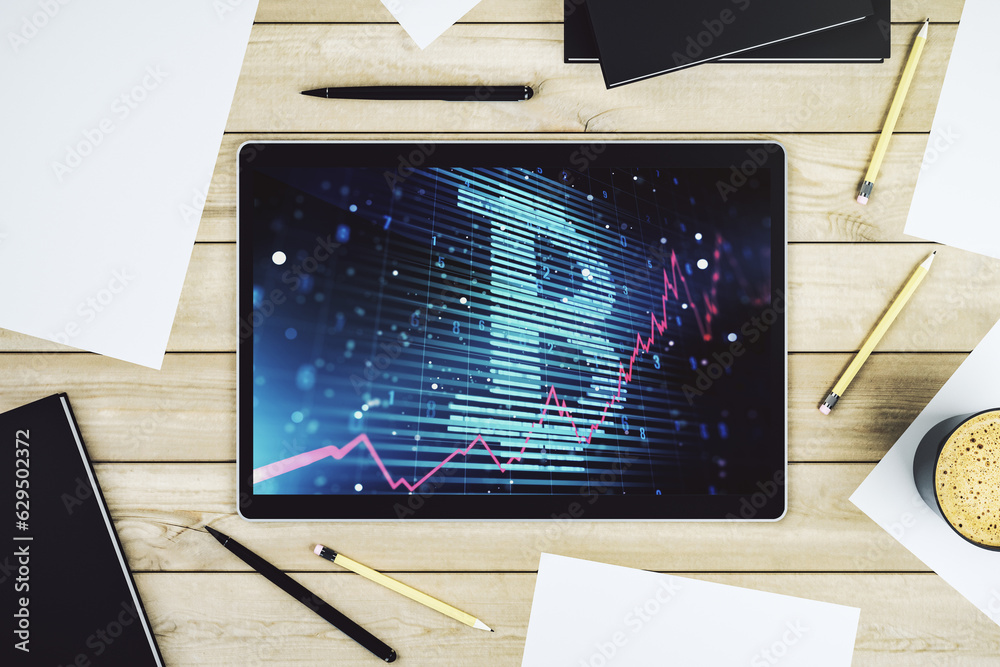 Aufkleber modern digital tablet monitor with creative bitcoin symbol. cryptocurrency concept. top view. 3d ren