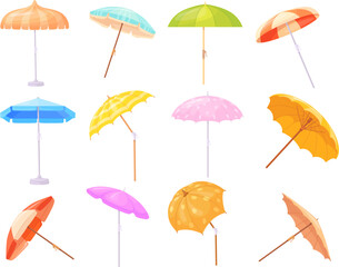 Fototapeta na wymiar Cartoon beach sunshades. Striped sun umbrella and summer parasol for pool, garden or sea summertime tourism, sunlight protect in shadow, red umbrellas neat vector illustration