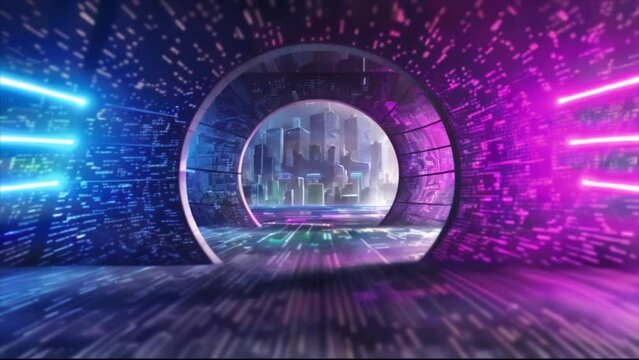VR concept. Flying through a circular digital tunnel inside a sphere. Glitch. Blue purple neon color. AI. Sticky threads