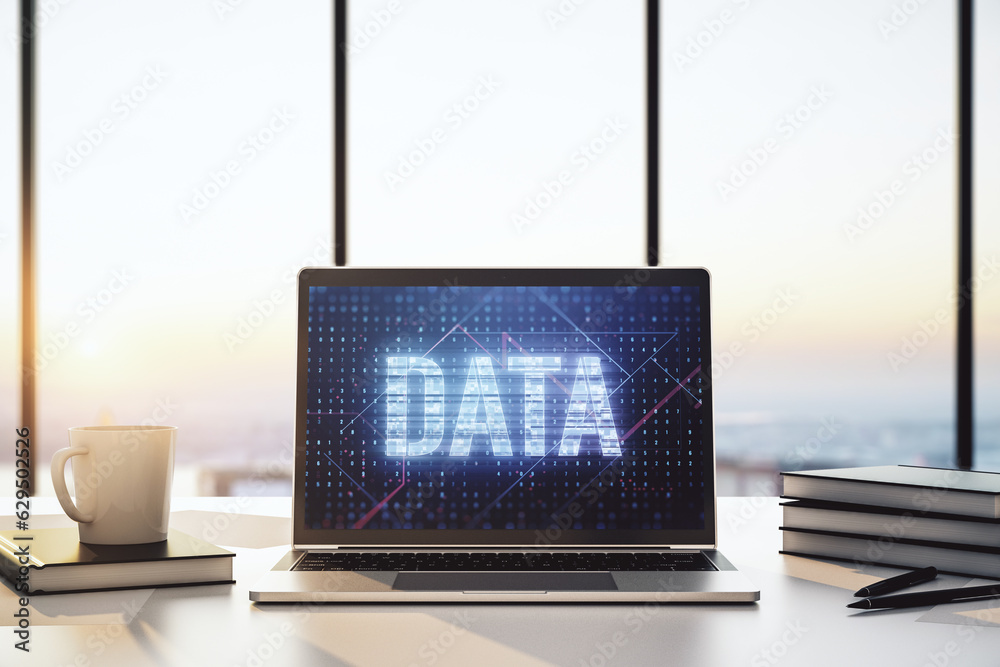 Poster creative data word sign on modern laptop screen. 3d rendering
