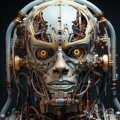 Concept of artificial brain of robot composed of gears and chips.